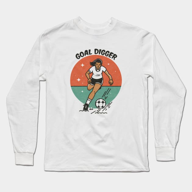 Funny Minimalist Vintage Girl Kicking Football 'Goal Digger' Illustration Long Sleeve T-Shirt by Tecnofa